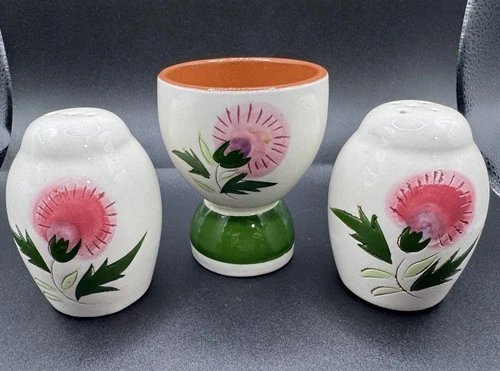 Vintage Stangl Pottery Thistle Flower Salt Pepper Shakers and Egg Cup Set of 3