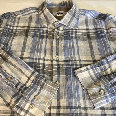 Joseph Abboud Men Shirt XL ButtonUp Blue Gray Cream Plaid 100% Linen Long Sleeve