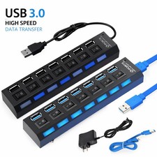 7 Port USB Hub Splitter 2.0 & 3.0 High Speed Adapter For PC Laptop Mac Desktop