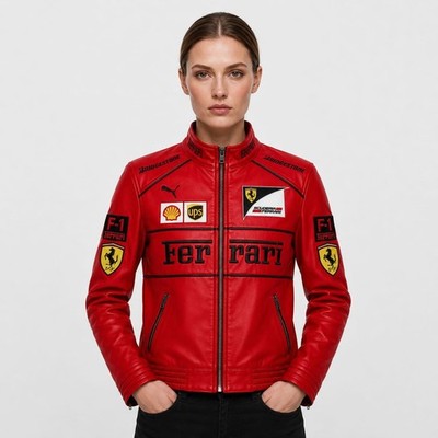 Women's Red F1 Racing Jacket, Ferrari Leather Bomber Jacket, Handmade F1 Jacket.