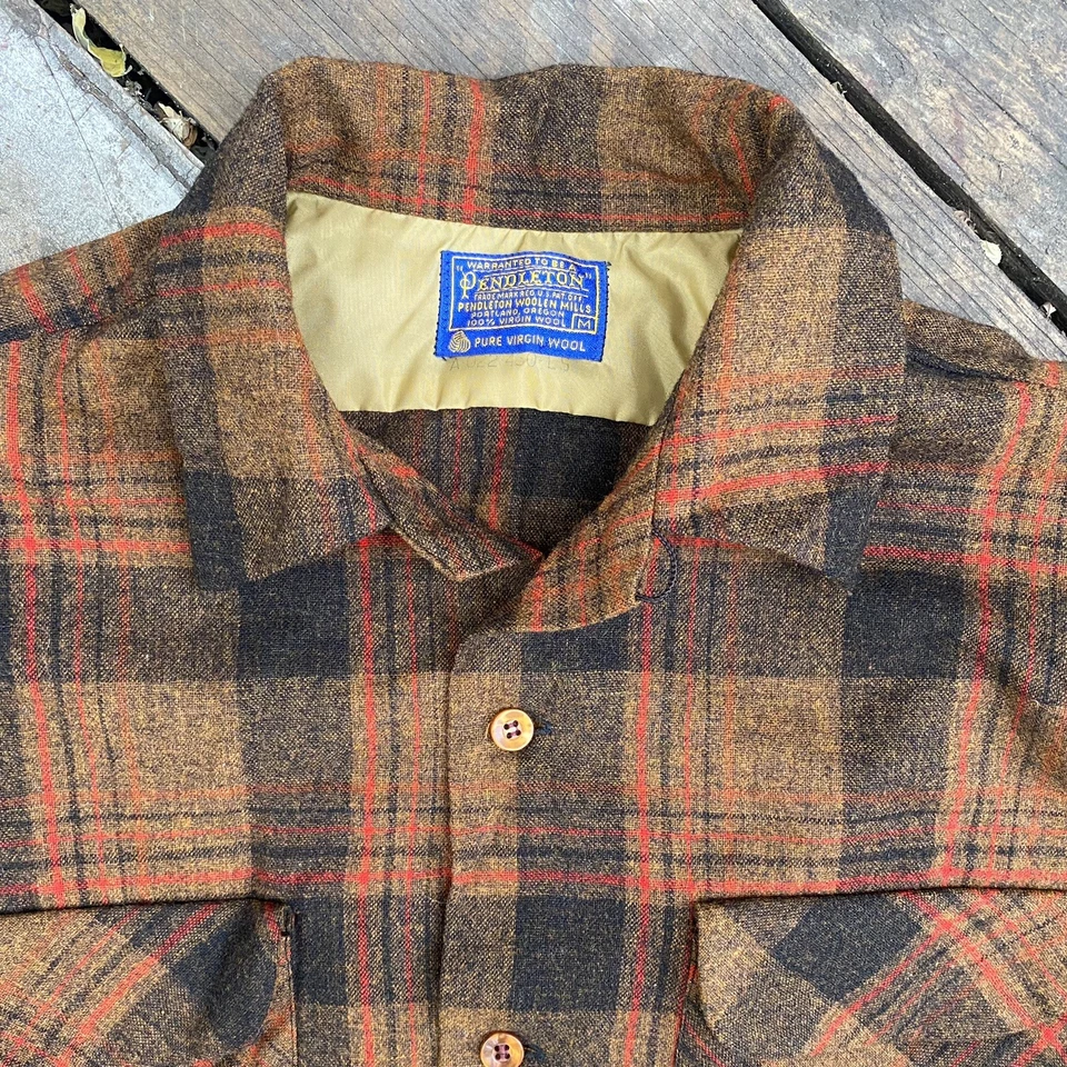 Vintage 1970s Men's Pendleton Loop Collar Rust Brown Black Plaid Board Shirt M - Image 2 of 4