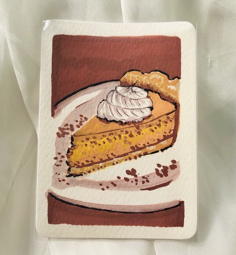 ACEO ATC Original Art | Pumpkin Pie Dessert | Acrylic Paint | Petalfoxstudios