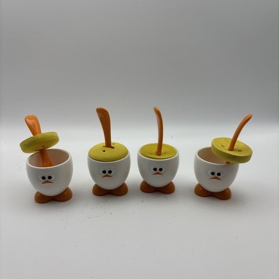 Joie 4 Egg Head Cup and Spoon Set. White with Orange. With Foam Spoon Holders. 