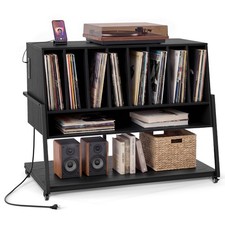 Record Player Stand w/ Charging Station, Turntable Stand w/Vinyl Storage Shelves