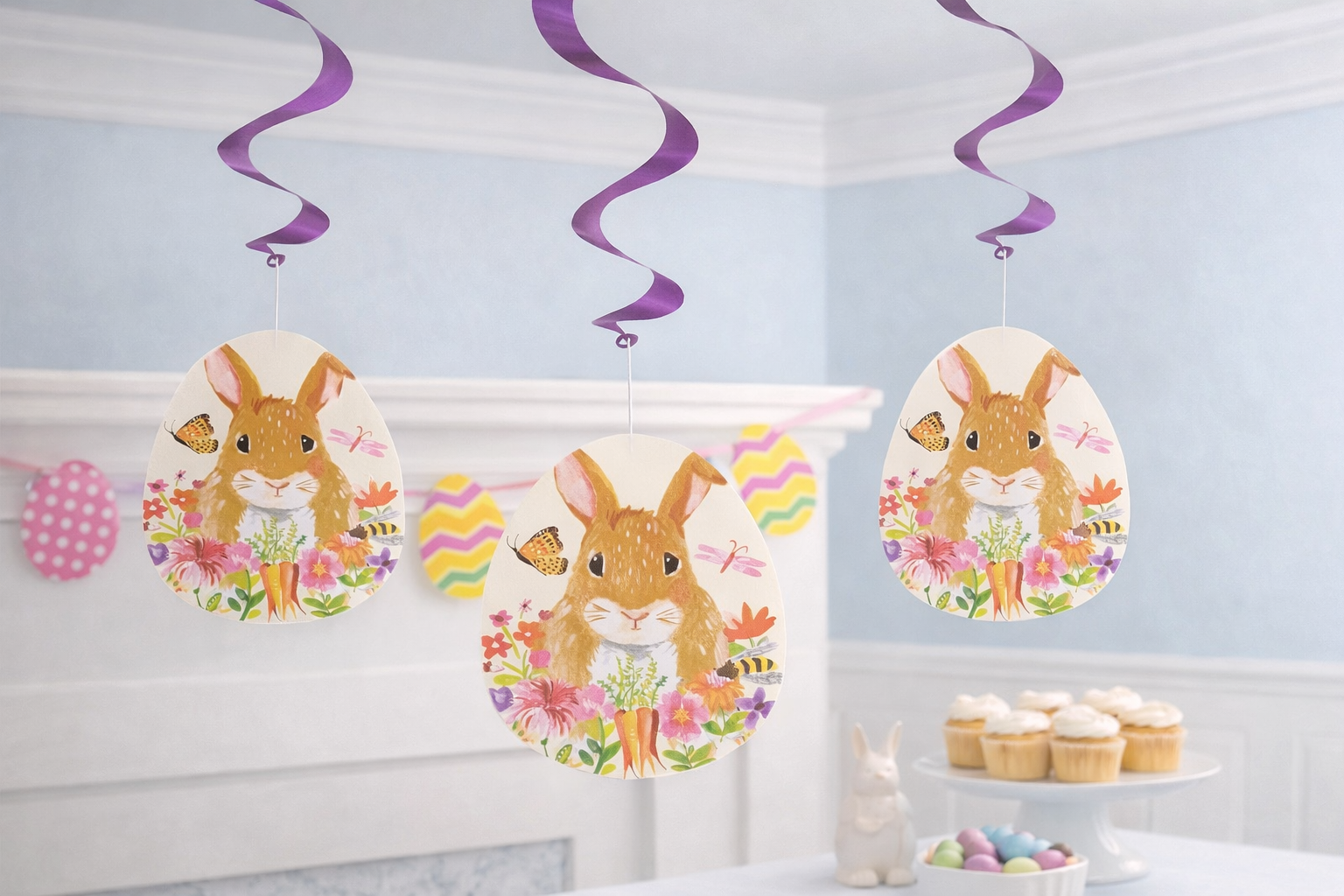 Easter Hanging Swirl Decorations Easter Bunny Floral Easter Party Decorations x3