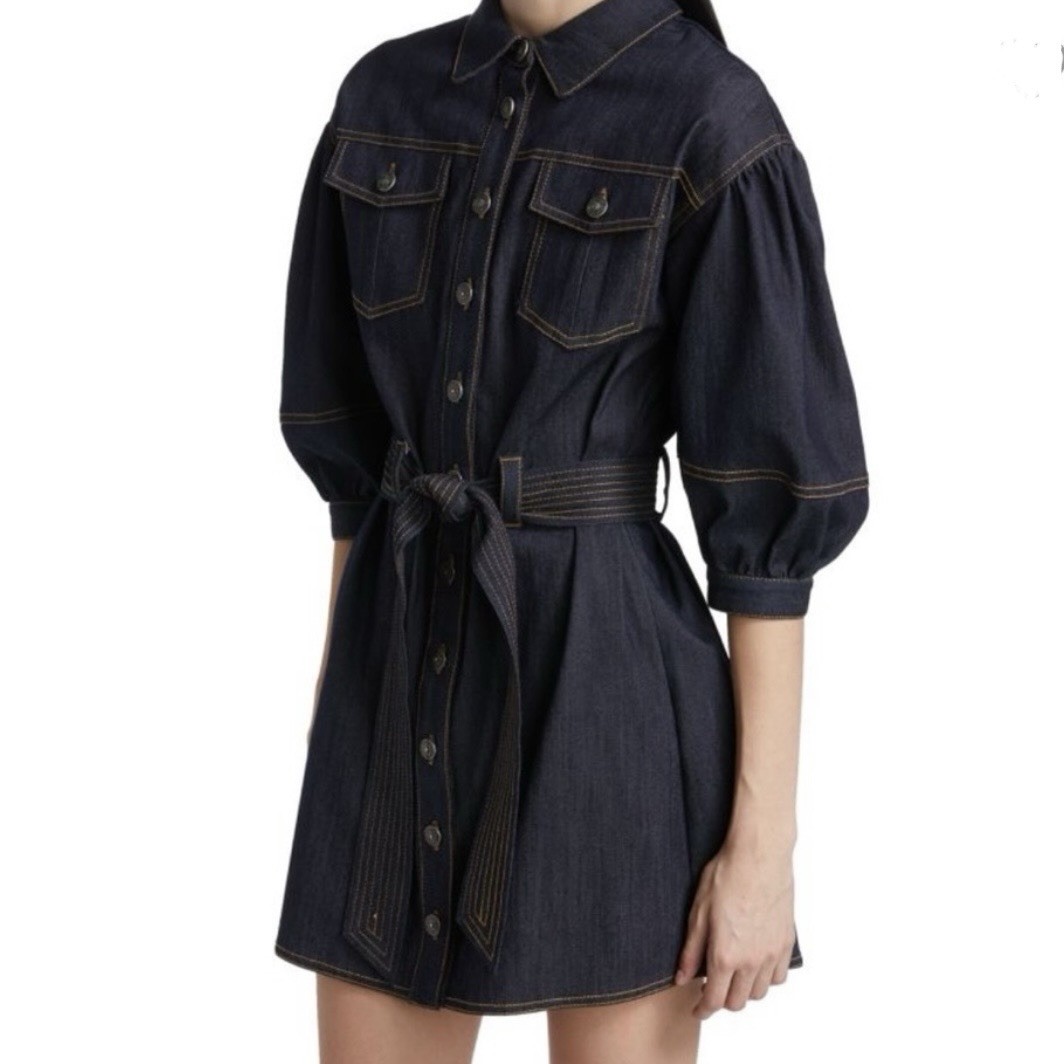 Cinq à Sept Denim Shirt Dress Belted Puff Sleeve Dark Wash Utility Size 2