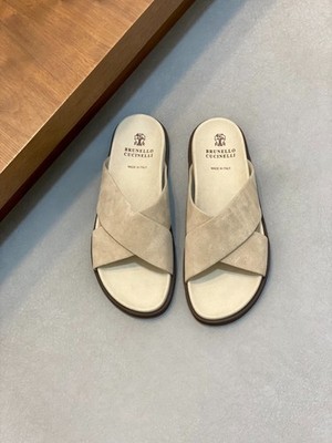 Brunello Cucinelli Men s Luxury Suede Slides - Light Beige