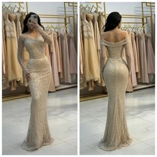 Champagne Long Sleeved Sequined Evening Gown with Square Neck Mermaid Ball Dress