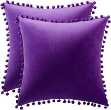 16X16 Throw Pillow Cases Purple: 2 Pack Cozy Soft Pom-Poms Velvet Square Decorat