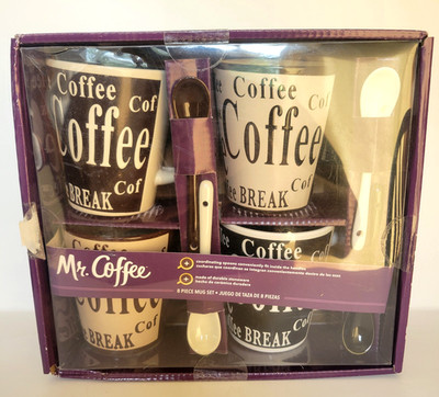 Mr Coffee Mug & Spoon Set of 4 13 Oz Coffee Cups New in Box NIB