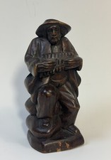Folk Art Hand Carved Wooden Figure Bearded Man Seated Playing Accordion 7.75"