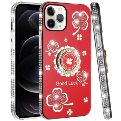 For iPhone 12 Pro Max Glitter Case with Diamond Edges & Ring Stand - 