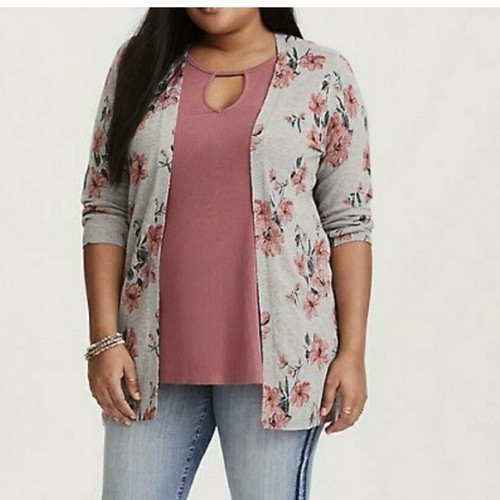 Torrid Gray Pink Floral Open Front Lightweight 3/4 Sleeve Cardigan Sweater 1X