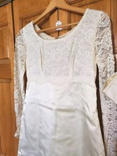 Vintage 1950s 60's Empire Waist Wedding Dress Buttons Lace Satin Small Medium