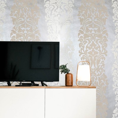 DN3801 harmony off white beige striped damask silver gray metallic wallpaper 3D