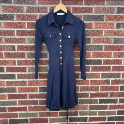 Tory Burch Navy Blue Gold Button Collared Long Sleeve Belted Mini Dress |  eBay