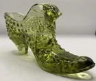 Fenton Green Glass Cat In Victorian Hobnail Shoe Home Decor Collectible Figurine
