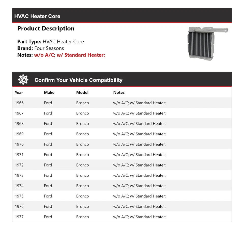 Para Ford Bronco 1966-1977 HVAC núcleo de calefacción 4 estaciones 1967 1968 1969 1970 1971 Foto 2 de 3