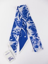NO CUSTOMS TAX BURBERRY blue white rose logo print reversible skinny silk scarf