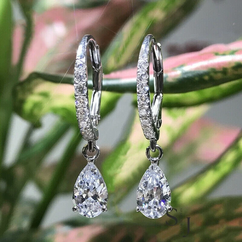 2.20 TCW Pear Cut Moissanite Drop/Dangle Earrings Solid 14K White Gold For Her - Image 2 of 4