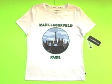 New KARL LAGERFELD Paris Women’s Short Sleeve T-Shirt SMALL White w/Black, Green