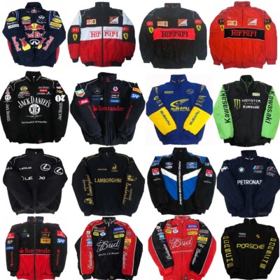 Veste En Cuir Homme F1 Ferrari Racing - Brodée Logo Marlboro HD - Noir Carbone - Tailles XS à 4XL