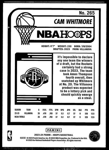 Cam Whitmore 2023-24 NBA Hoops Impulse ULTRA RARE SSP Rookie RC #265 Rockets - Picture 2 of 2