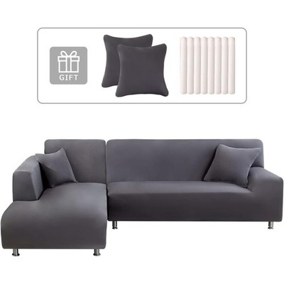 Sofabezug L-Form Ecksofa Stretch Waschbar Grau Kissenbezüge 2 Stück