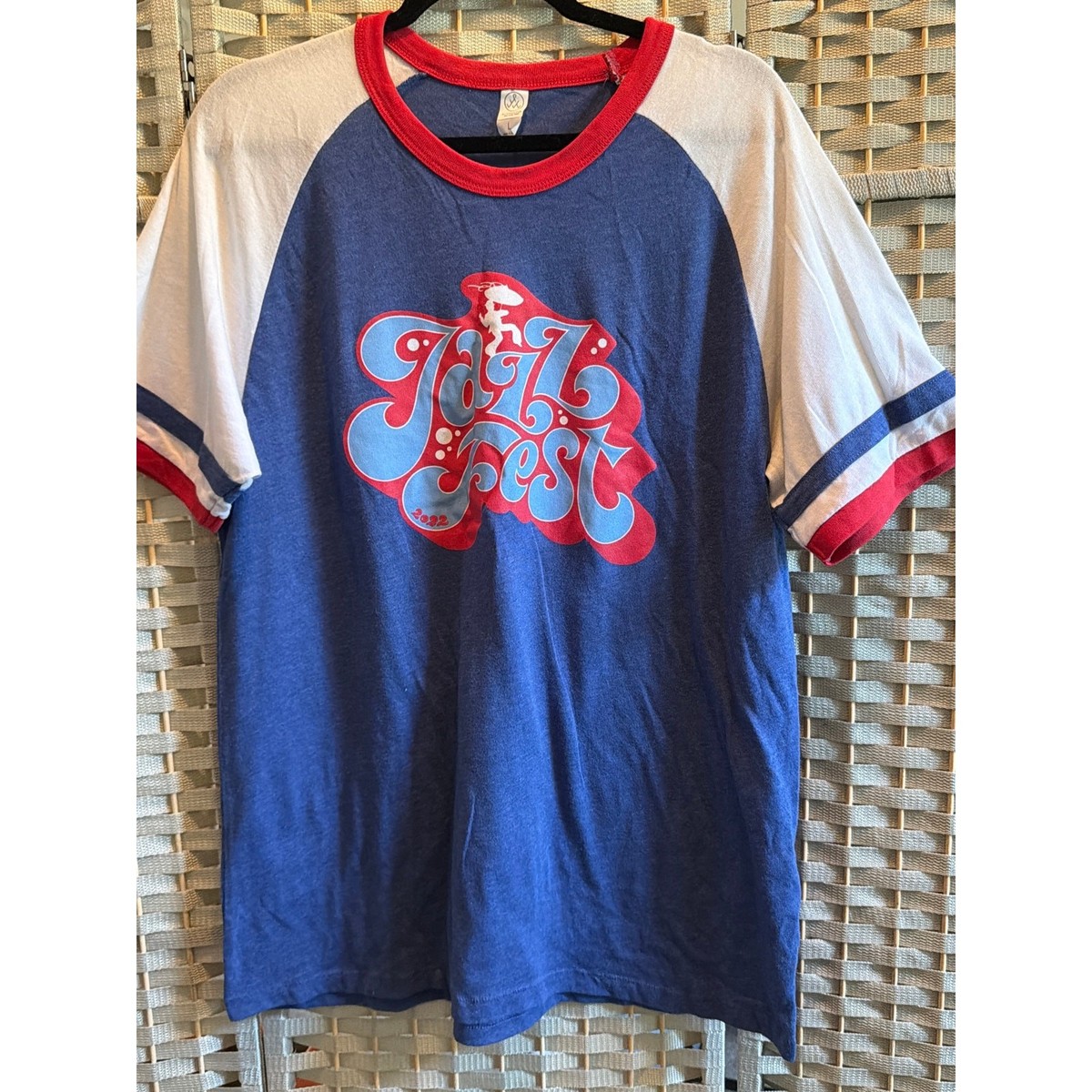 Alternative Apparel Jazz Fest Ringer T Shirt Large Blue Retro Graphic Festival