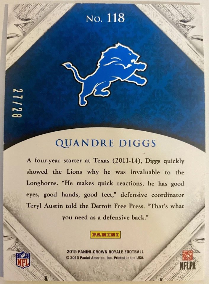 2015 Panini Crown Royale - Rookie Quandre Diggs #118 Jersey Number /28 (RC) - Image 2 of 2