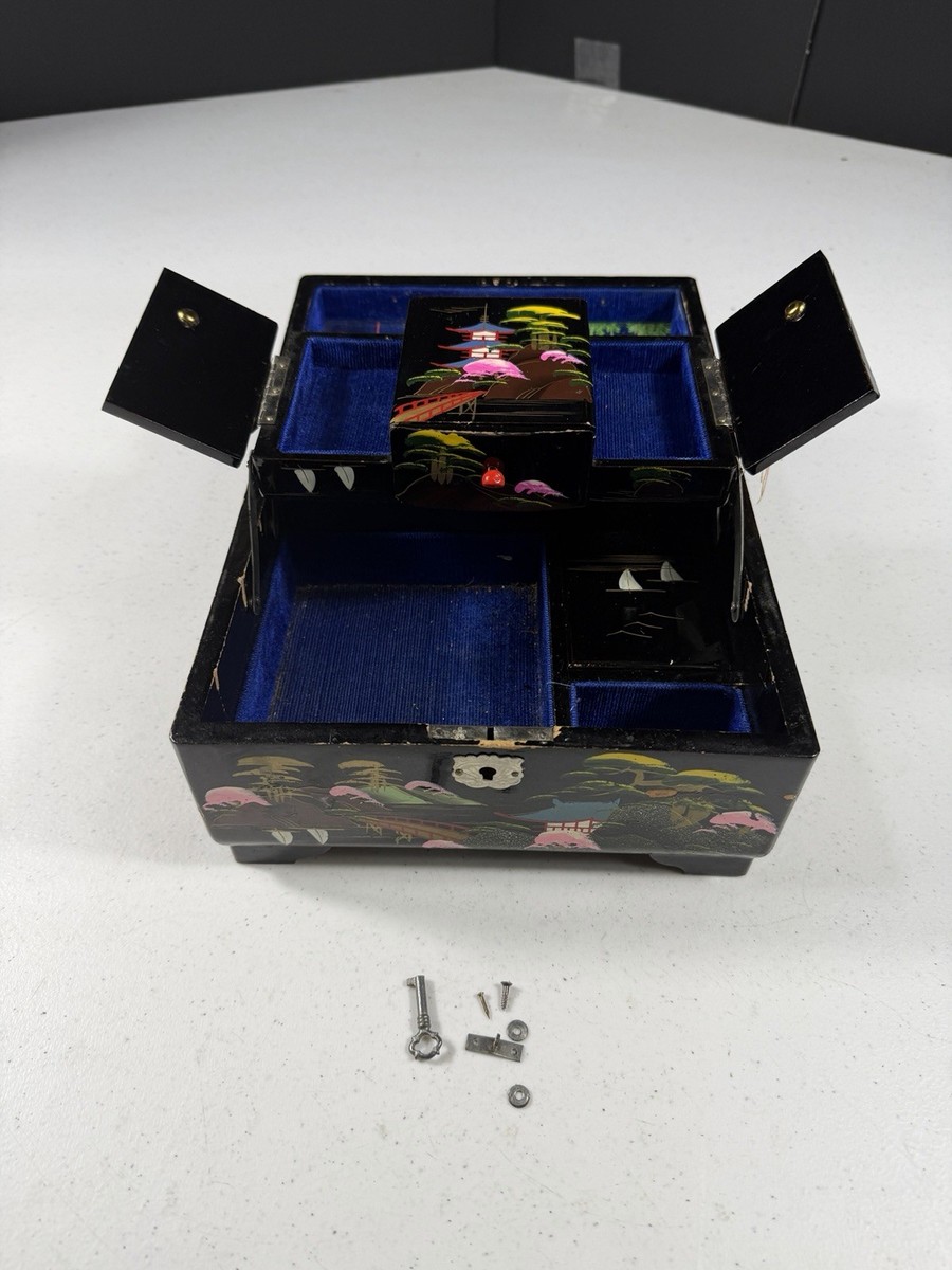 Vintage Japanese Black Lacquer Music Jewelry Box Mt Fuji Pagoda