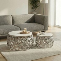 2Er Set Couchtisch Silber Marmor Rund Wohnzimmertisch Beistelltisch Satztisch