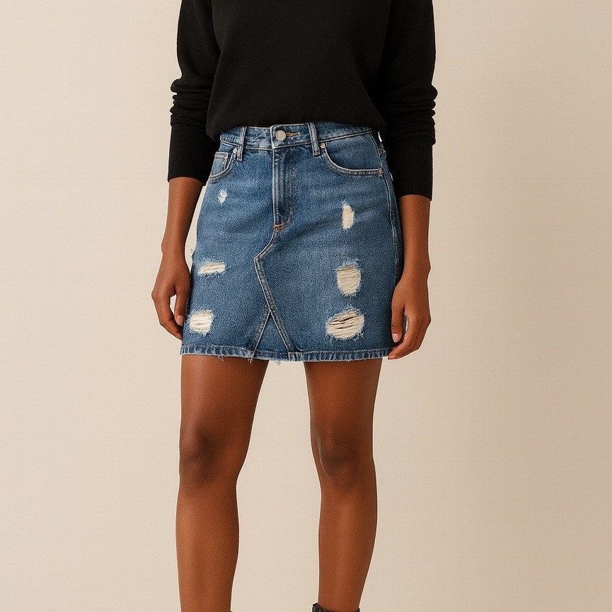 H&M Distressed Denim Mini Skirt Size 10 Raw Hem Y2K Grunge Ripped Streetwear