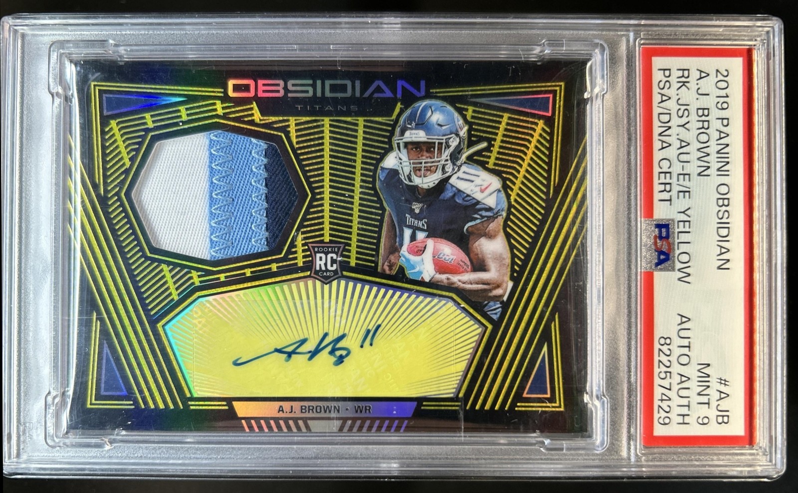 2019 Obsidian A.J. Brown Rookie Jersey RC Patch Yellow Auto Autograph #/25 PSA 9 view 1