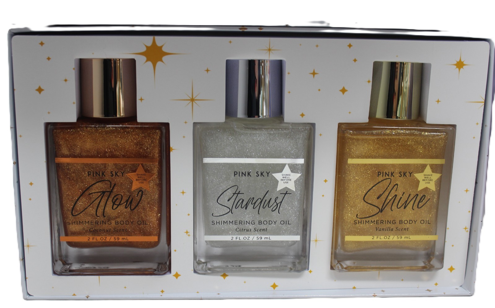 Pink Sky Shimmering Body Oil Set of 3 Vanilla Citrus Coconut Discover Your Glow