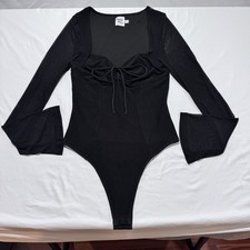 Princess Polly Black Mesh Tie Front Bell Sleeve Bodysuit Snap Crotch Womens US 8