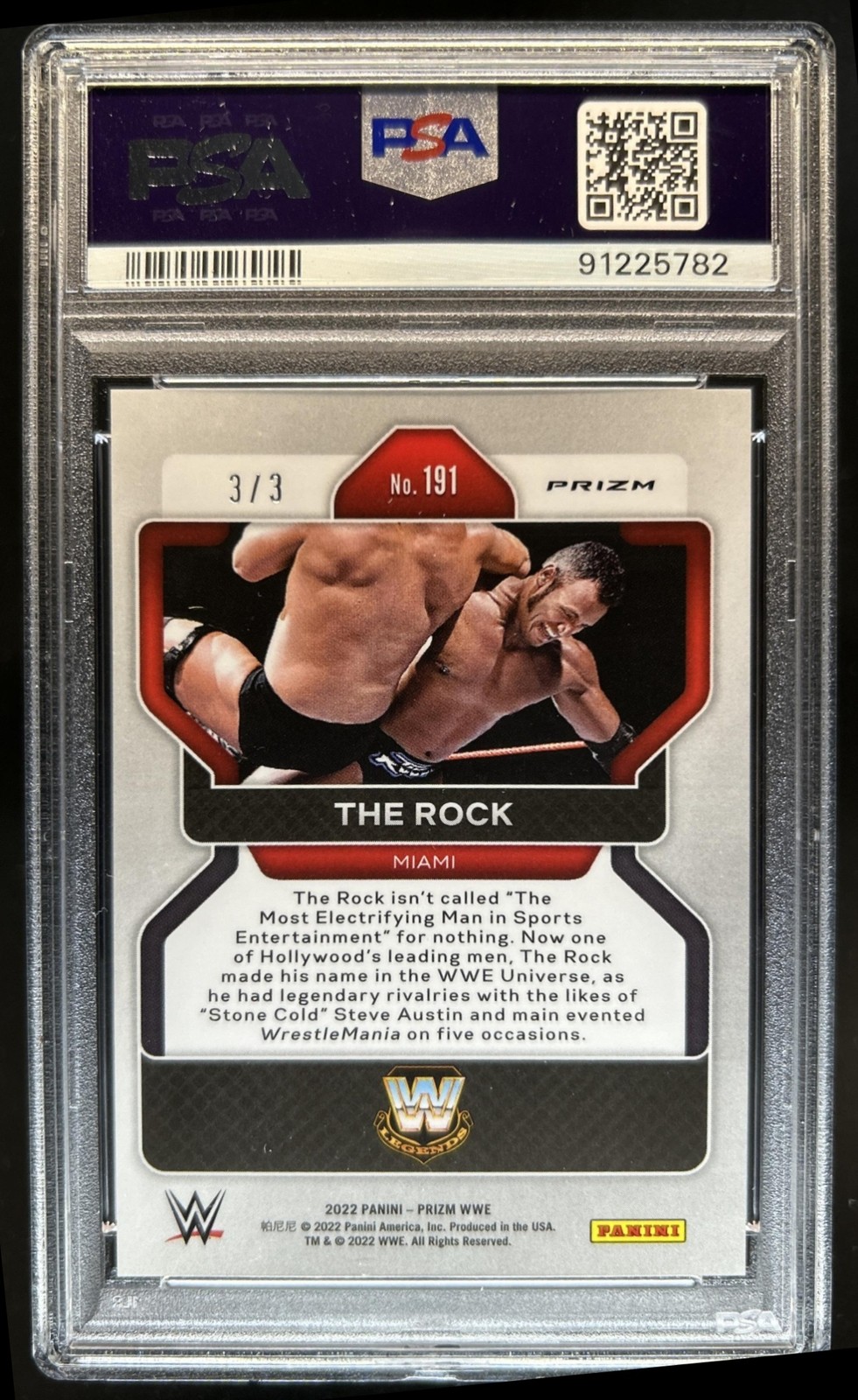 2022 Panini Prizm WWE The Rock Gold Shimmer FOTL #/3 PSA 8 view 2