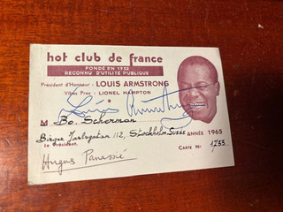 Iscrizione firmata Louis Armstrong all'Hot Club de France biglietti
