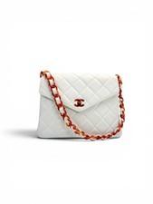 Vintage CHANEL 5 Series White Lambskin Envelope Flap Tortoise Resin Chain Bag
