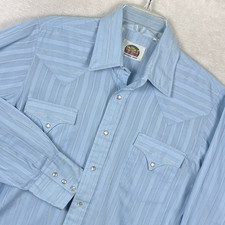 VTG Miller Western Wear Shirt Mens 16-35 L Pearl Snap Blue Silver Metallic 80s
