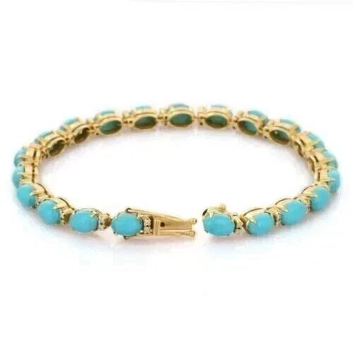 7Ct Oval Cut Lab Created Turquoise Women Tennis Bracelet 14k Yellow Gold Finish - Image 2 of 4