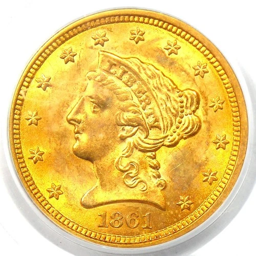 1861 Liberty Gold Quarter Eagle $2.50 Coin - PCGS MS63 (UNC BU) - $2,250 Value