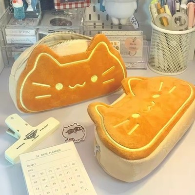 Caramel Cat Plush Pencil Case Cute Kitten Makeup Pouch Aesthetic School Planner