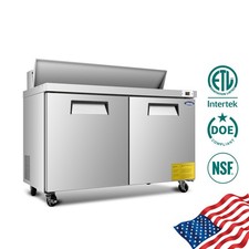60" SS Sandwich Prep Fridge - 2 Door, 18 Cu Ft, Auto Defrost