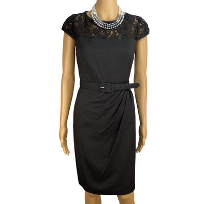 New Directions Cotton Spandex Lace Wrap Dress 8 Charcoal Scoop Neck Belted Lined