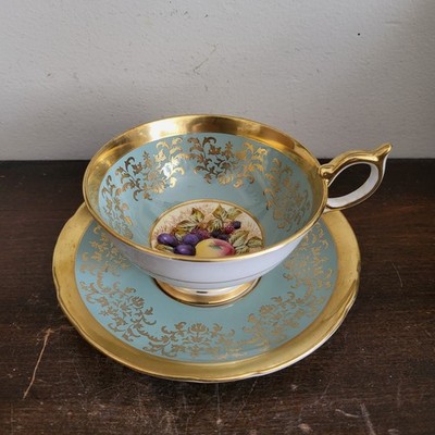 Aynsley England Tea Cup And Saucer Orchard Fruit Olive Green Gold Signed D Jones
