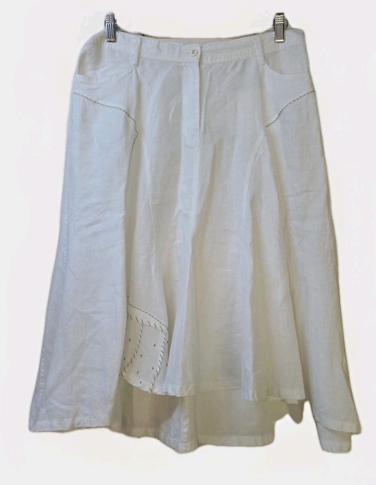 ANIMALE White Embroidered Asymmetrical Hemline 100% Linen Womens Skirt Sz 12