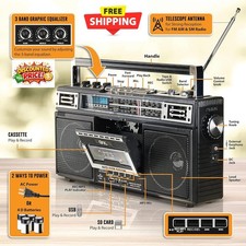 Portable Wireless Boombox, 4-Band AM/FM Radio, Cassette Recorder, USB, Bluetooth