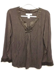 Earth angels 14/16 brown long sleeve notch neck satiny pleated stretch top