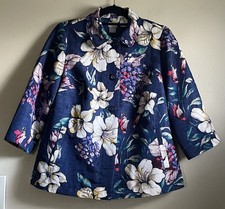 Chicos Jacket Womens Size 0 Blue Floral 3 Button 3/4 Sleeves Colorful Blazer